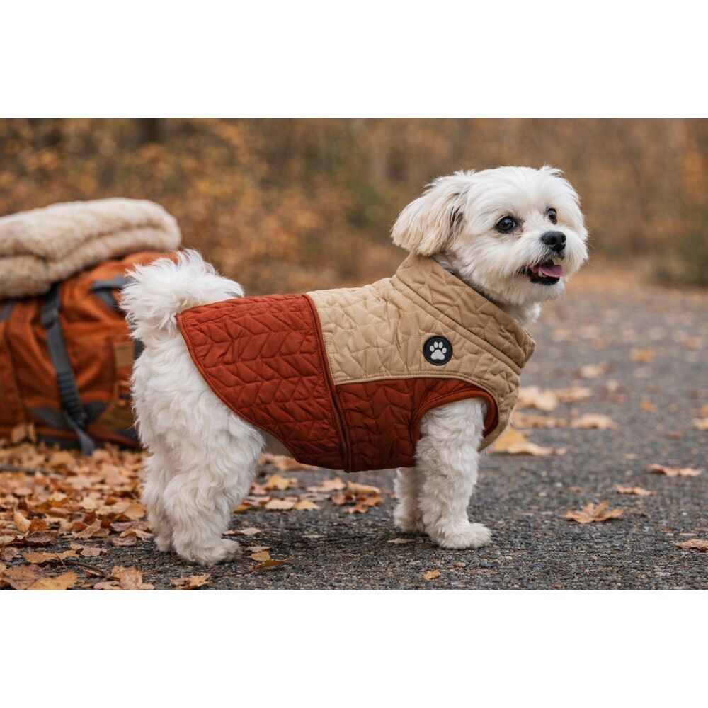 Quilted Dog Jacket – Beige & Rust Brown Chevron Puffer Vest